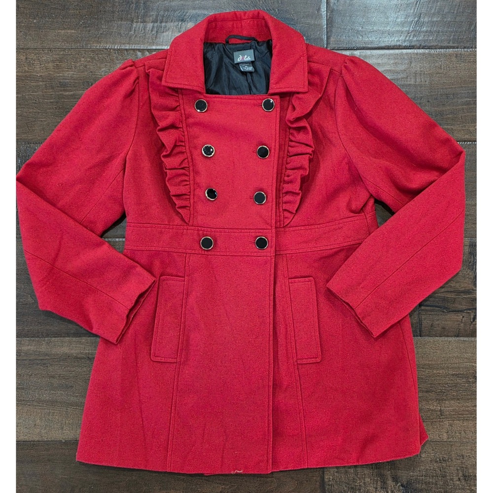 Y2K Whimsical Grunge Military Romance Red Ruffle Double Breasted Wool XL Peacoat